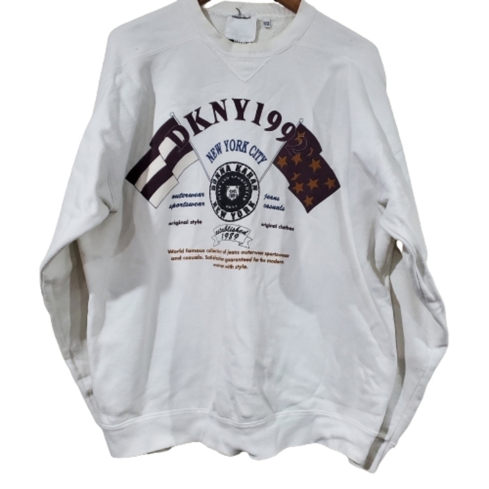 Vintage 90's DKNY White Crew Neck Graphic Logo Sweater Size XL